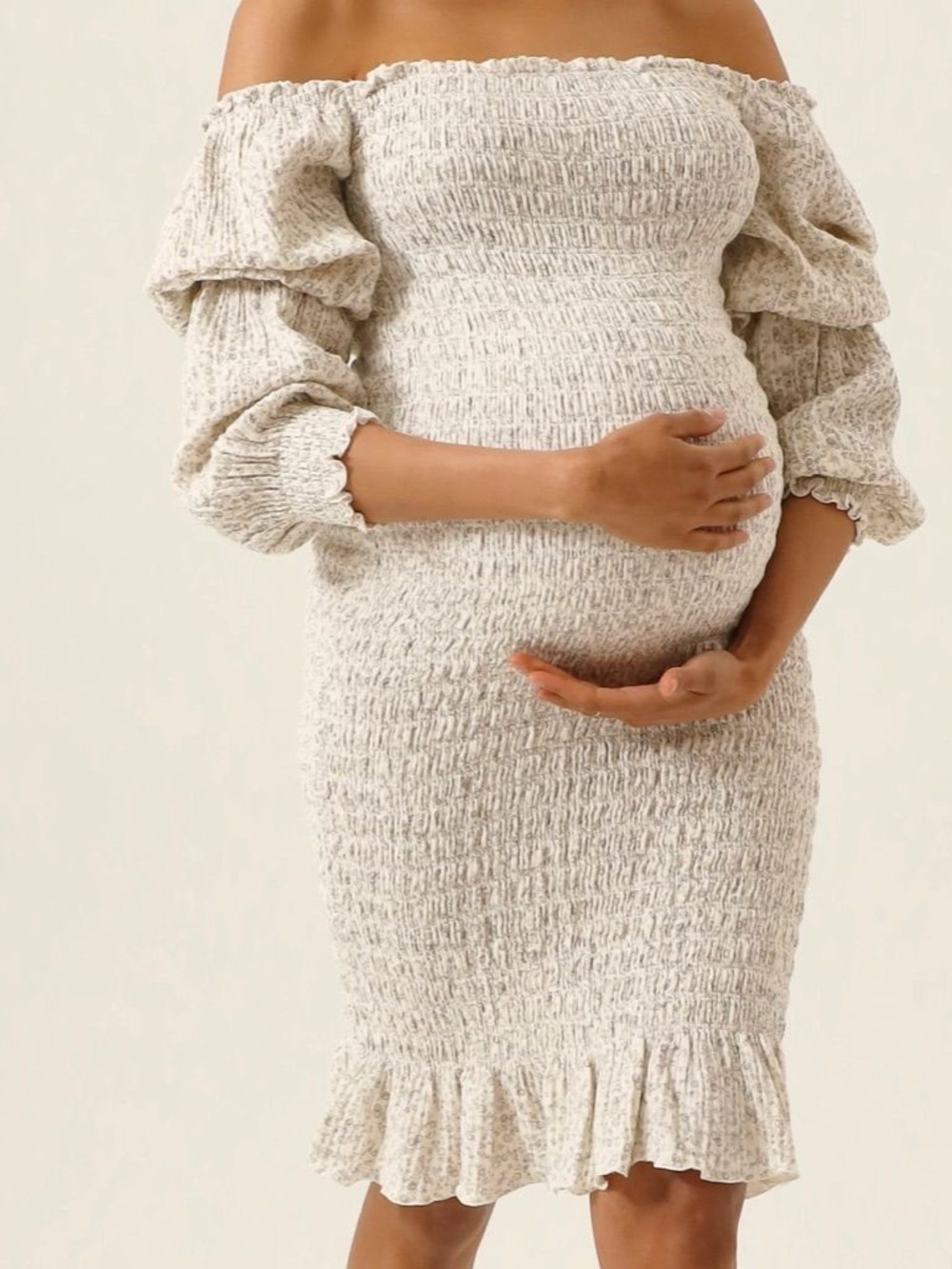 Off-Shoulder Shirred Maternity Dress in Light Beige